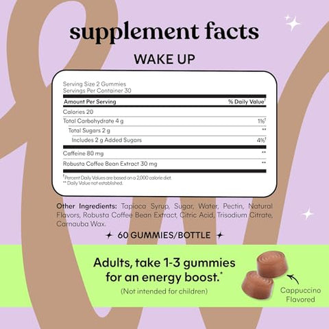 Wake Up Gummies Energéticos com Cafeína, 80mg por Porção, Extrato de Café, Sabor Cappuccino, Vegano - Lemme