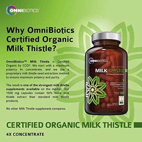 OmniBiotics - Cápsulas de Cardo de Leite Orgânico, Extrato Concentrado 4X de 1500mg com Silimarina é o Suplemento de Cardo de Leite Mais Forte Disponível. Ótimo para Limpeza do Fígado! 120 Cápsulas Vegetarianas