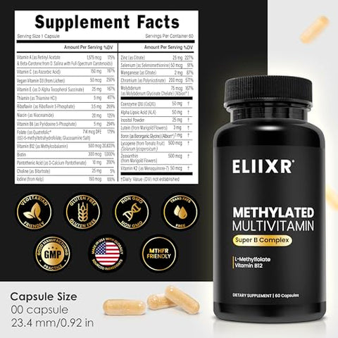 Eliixr - Multivitamínico Metilado para Homens e Mulheres | Metil B12, Metilfolato, 5-MTHF, Vegano, Sem Ferro, Energia