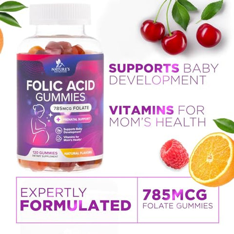 Nature's Nutrition - Gomas de Ácido Fólico para Mulheres 785 mcg, Vitaminas Essenciais Pré-Natais para Mamãe | Marca: Folic Acid Gummies