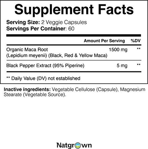 Cápsulas de Maca Orgânica em Pó 1500 mg com Extrato de Raiz de Maca Peruana Preta Vermelha Amarela – Suplemento Vegano para Homens e Mulheres - Natgrown