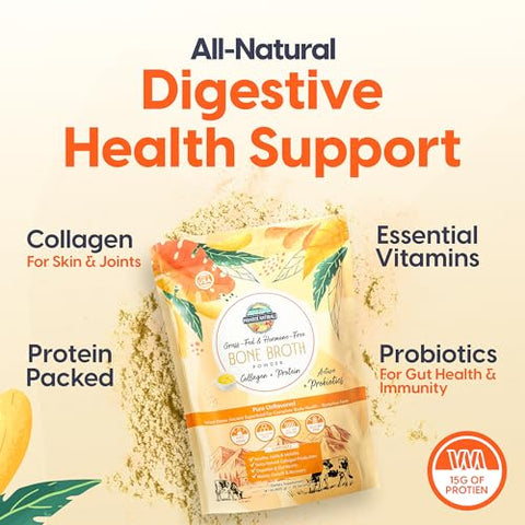 Proteína em Pó de Caldo de Osso Orgânico de Carne Bovina 100% Natural, Rico em Probióticos Ativos, Colágeno Peptídeo 15g de Proteína, Baixo Teor de Sódio, Benefícios para Pele, Cabelo, Articulações e Intestino - Paradise Naturals