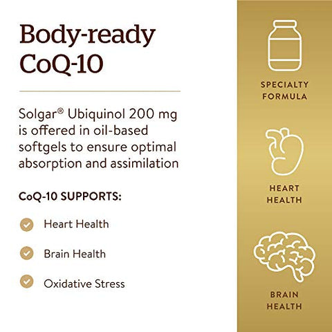 SOLGAR - Solgar Ubiquinol 100mg (CoQ-10 Reduzido), 50 Softgels – 2 Pacotes – Suporte Avançado de Antioxidantes, Saúde Cardíaca, Saúde Geral – Livre de Glúten, Sem Lactose – 100 Porções Totais