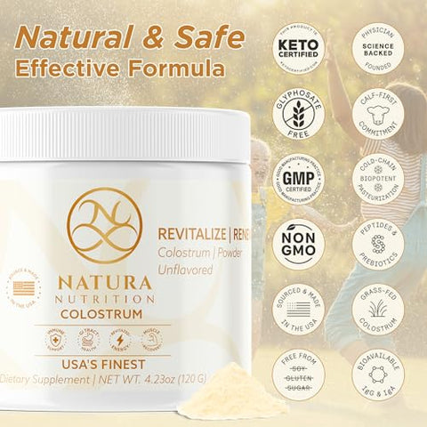 Natura Nutrition - Natura Colostrum em Pó: 400 Nutrientes Funcionais, Aprovado por Médicos, Orgânico dos EUA, Normas do USDA, Saúde Intestinal, Combate ao Inchaço e Reforço Imunológico