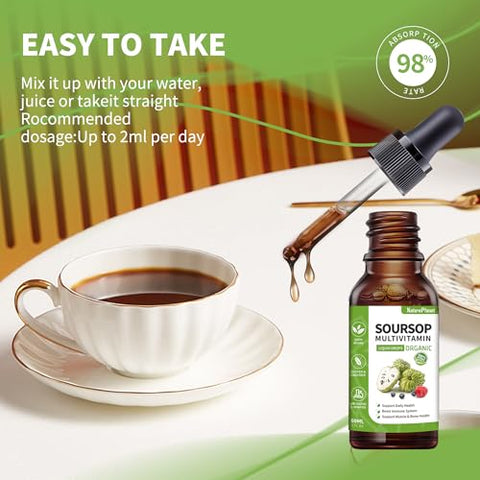 NaturePlanet - Soursop Multivitamin Liquid Drops – Extrato de Folha de Graviola Orgânico, Óleo de Graviola, Vitaminas, Fibras Alimentares, 60ml, 2 Fl Oz