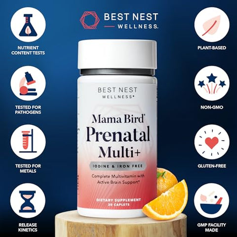Best Nest Wellness - Melhor Nest Wellness Mama Bird Vitaminas Pré-Natais Sem Ferro, Sem Ferro ou Iodo, Metilfolato (Ácido Fólico para Mulheres Grávidas), Mistura Herbal Orgânica Natural, Vegano, Uma Vez ao Dia (30 Unidades)