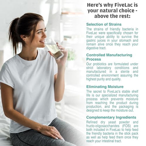Global Health Trax - GHT – FiveLac Limão Pó Probiótico para Bebida, Probióticos para Mulheres, Homens e Crianças – Suporte Digestivo Suave e Eliminação – Alivia Constipação e Gases Ocasionais – 60g