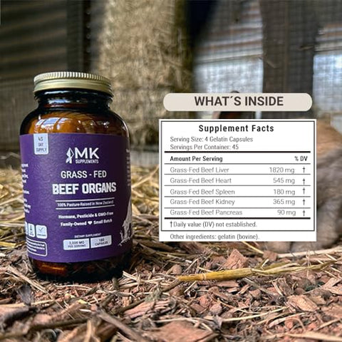 Órgãos de Boi Alimentados com Grama 3000 mg, 180 Cápsulas de Órgãos de Boi, Multivitamínico, 100%% Criados em Pasto na Nova Zelândia, Suprimento de 45 Dias, Fígado, Coração, Rim, Baço, Pâncreas - MK Supplements