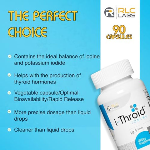 RLC Labs - Suplemento RLC, i-Throid 12,5 mg, Iodeto e Iodeto para Suporte à Saúde da Tireoide e Equilíbrio Hormonal, 90 cápsulas (90 porções)
