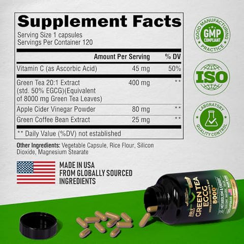 NUTRAHARMONY - Extrato de Chá Verde em Cápsulas 8000 mg – com Grãos de Café Verde | Marca: Green Tea Extract Capsules