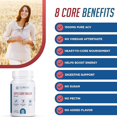 Cápsulas de Vinagre de Maçã – 1300mg de Vinagre de Maçã Puro para Gerenciamento de Peso, Saúde Cardíaca e Suporte Energético – 60 Cápsulas Vegetais de ACV – Fabricado nos EUA - Clinical Effects