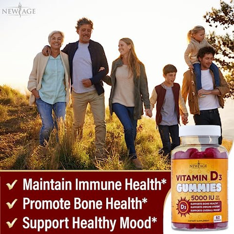 Gummies Vitamina D3 5000 UI 125mcg – Suporte Imunológico e Saúde Óssea – Sem OGM, Sem Glúten, Sem Laticínios, Sem Gelatina (120 Gummies – Pack com 2) - NEW AGE