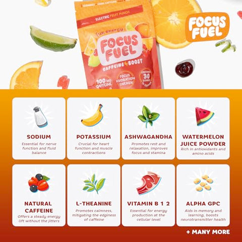 FocusFuel - Focus Energy Gummies – Chews Energéticos, 100mg de Cafeína por 2 Gummies, Com B12, Magnésio, Eletrólitos, Ingredientes Naturais (Fruit Punch – 30 Chews, 90g)