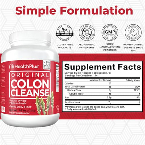 Health Plus - Saúde Plus Limpeza do Cólon Suporte Digestivo | Fibra Diária Natural para Eliminação de Toxinas e Redução de Inchaço | Suporta a Saúde do Coração | 48 Onças, 194 Porções