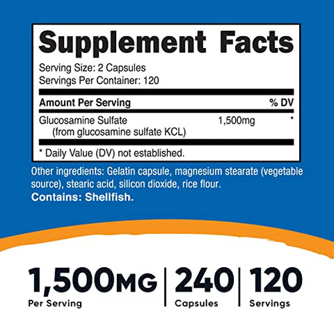 Glucosamina Sulfato 750mg, 240 Cápsulas (2 Frascos) (1500mg Por Porção) - Nutricost
