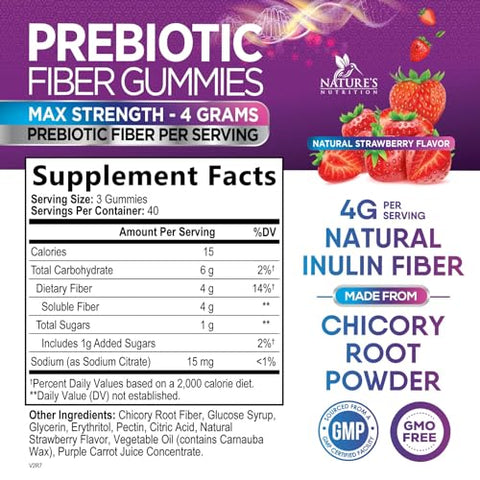 Nature's Nutrition - Fiber Gummies para Adultos 4g – Suplemento Diário de Fibra Prebiótica em Goma, Suporte para Saúde Digestiva – Fibra Solúvel à Base de Plantas, Favorece a Regularidade