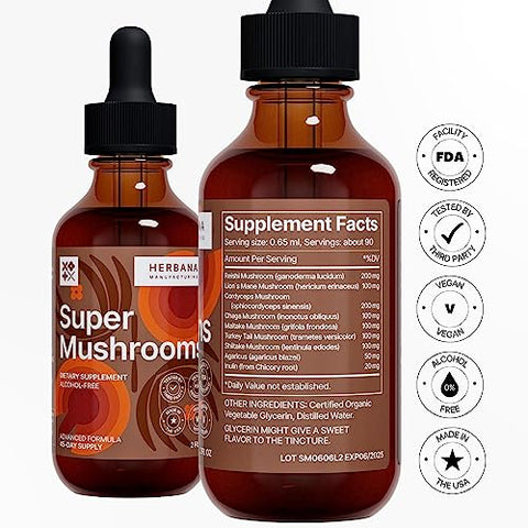 HERBANA MANUFACTURING - Super Cogumelos 8-em-1 – Extrato Líquido 60ml – Estimulante Cerebral