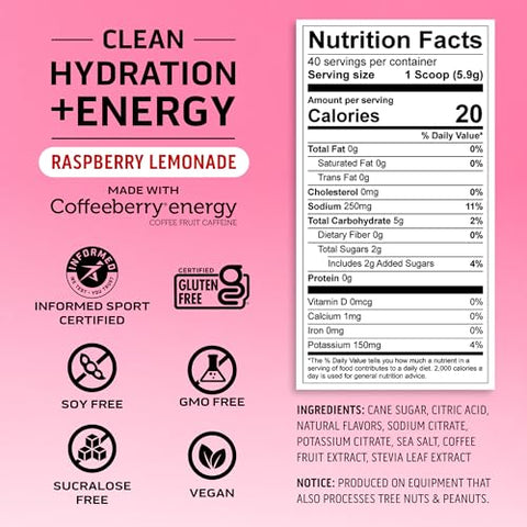 Clean Hydration Energy Pó de Eletrólitos – 100mg Cafeína, 400mg Eletrólitos, Sem Ingredientes Artificiais, Sabor Limonada Framboesa 40 Porções - Ascent