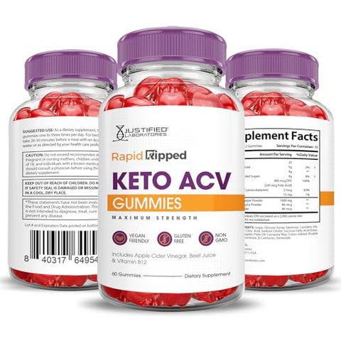 Justified Laboratories - Rapid Ripped Keto ACV Gummies 1000MG Fórmula Avançada – Gomas de Vinagre de Maçã Rapidripped Keto com Romã e Beterraba em Pó B12 Vegan Non GMO 60 Gummys