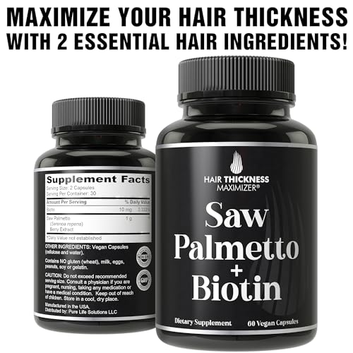 Hair Thickness Maximizer - Saw Palmetto Biotin Advanced 2 em 1 para Crescimento Capilar. Cápsulas Veganas com Extrato Natural de Saw Palmetto e 10000mcg de Biotina. Pílulas para Queda e Regeneração Capilar em Homens