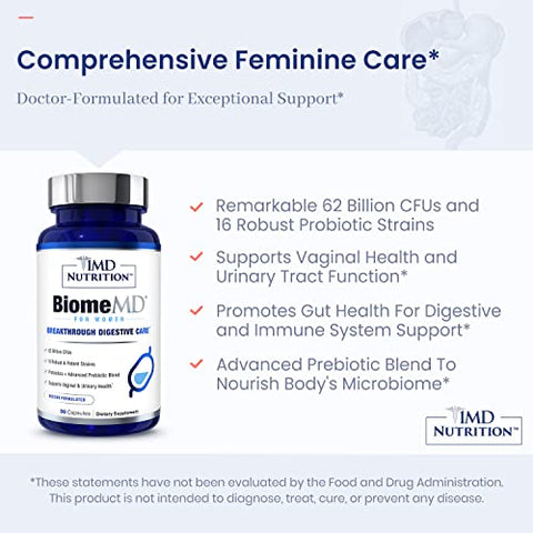 BiomeMD Probióticos para Mulheres – Prebióticos e Probióticos Diários para Mulheres – Mais de 60 Bilhões de UFCs, 15 Cepas – Probiótico Feminino para Apoiar o Trato Urinário - 1MD Nutrition