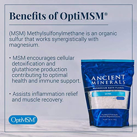 Flakes de Banho de Magnésio Ancient Minerals ULTRA com OptiMSM – Embalagem de Suplemento de Magnésio Reciclável de Cloreto de Zechstein com Absorção Comprovadamente Melhor que Sal de Banho de Epsom (750g)