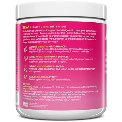 AminoLean Pré-Treino Berry Alixir, Energia Limpa sem Nervosismo, Formigamento ou Queda, Amigo dos Veganos com Biotina para Cabelo, Pele, Unhas, 30 Porções - RSP NUTRITION