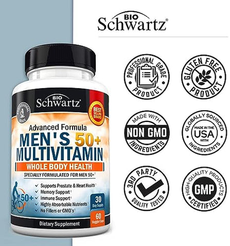 BioSchwartz - Multivitamínico Diário para Homens 50+ – Suporte à Saúde Cardíaca – com Zinco, Vitaminas A, B, C, D3, E – para Memória