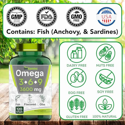 tnvitamins - Triple Omega 3◆ 6◆ 9: 3600mg x 120 Softgels | Ácidos Graxos Essenciais Ômega de Óleo de Peixe (EPA)