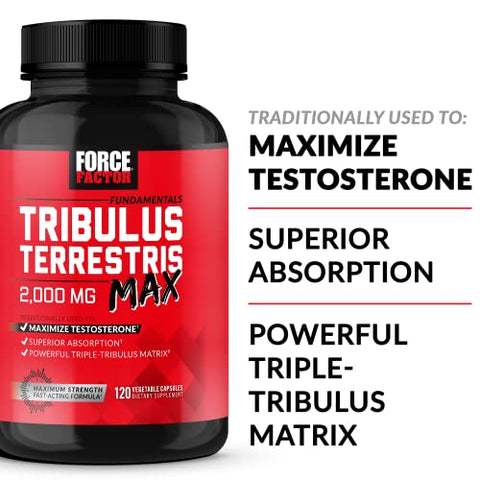 Force Factor - FORCE FACTOR Tribulus Terrestris Max for Men – Potencializador de Testosterona e Vitalidade Masculina, Absorção Superior, 2000mg, 120 Cápsulas