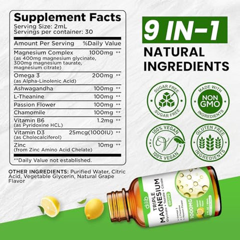 dilib - Suplemento Líquido de Magnésio Glicinato 1000mg, Magnésio de Citrato Calmante, Gotas de Taurato com Ômega 3, Zinco, Ashwagandha, L-Teanina, Camomila para Sono, Humor, Alívio do Estresse, Ossos