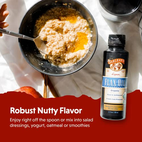 Barlean's - Óleo de Linhaça Barlean’s Lignan – 7.230 mg de Ácidos Graxos Ômega-3 ALA para Melhorar a Saúde do Coração – Vegano, Orgânico USDA, Não-OGM, Sem Glúten – 16 oz (473 ml)