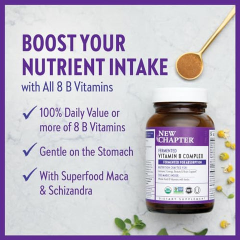 Vitamin B Complex Orgânico Fermentado, 100%% Vegano, Livre de Glúten – 60 Cápsulas para Energia Celular, Cérebro e Beleza - New Chapter