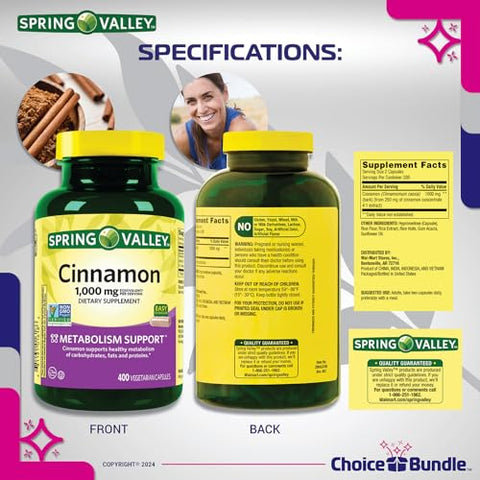 ChoiceBundle - Spring Valley Cápsulas Vegetarianas de Canela 1000mg, 400 unid. 4pk Bundle Escolha (1600 Total) Guia “Vitalidade Vitamínica