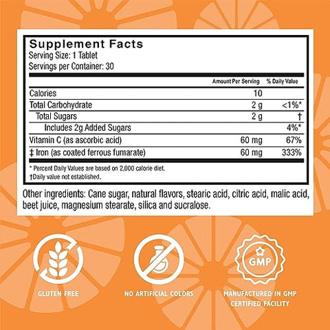 Celebrate Bariatric Supplements - Celebrate Vitamins Iron com Vitamina C Mastigáveis, 60 mg Ferro, Sabor de Frutas Vermelhas, Vitaminas Bariátricas para Pacientes de Cirurgia de Redução de Estômago, Contém 30 Unidades, 1g