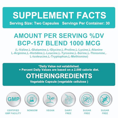 Vikongen - 𝐁𝐏𝐂 157 Cápsulas Peptídicas, 𝐁𝐏𝐂-157 Pro, 1000mcg, Livre de Transgênicos, Suplemento Sem Glúten, Novo Composto Protetor 157, 60 Cápsulas