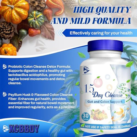 XCBBDY - 15 Day Cleanse – Suporte para Intestino e Cólon, Cápsulas Dissolventes para Limpeza de 15 Dias, com Sene, Cáscara Sagrada