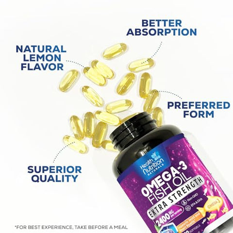 Health Nutrition Naturals - Óleo de Peixe 2400 mg com Ômega-3, EPA – Benefícios para a Saúde e Bem-Estar