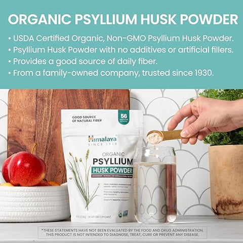 Psyllium Husk Powder Orgânico, Suplemento Diário de Fibras Alimentares, Regularidade, Controle do Apetite, Certificado Orgânico pelo USDA, Não-OGM, Sem Cores Artificiais, Sem Sabor, 100% Natural - Himalaya