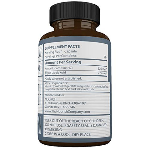 NOORISH - Acetyl L-Carnitine com Ácido Alfa Lipóico – ALA ALC ALCAR – Ácido Alfa Lipóico com Acetyl L-Carnitine – 525 mg ALCAR – 225 mg ALA – 90 Cápsulas