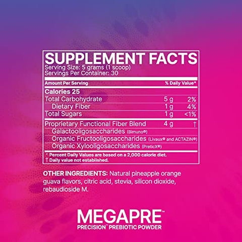 MegaPre em Pó, Abacaxi Laranja Goiaba – Prebiótico de Oligossacarídeos Não Digestíveis para Saúde Intestinal – Suplemento de Saúde Digestiva Precision Prebiotic (5,5g) - Microbiome Labs