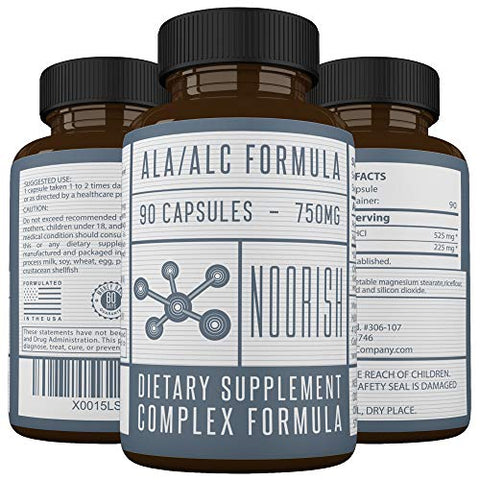 NOORISH - Acetyl L-Carnitine com Ácido Alfa Lipóico – ALA ALC ALCAR – Ácido Alfa Lipóico com Acetyl L-Carnitine – 525 mg ALCAR – 225 mg ALA – 90 Cápsulas