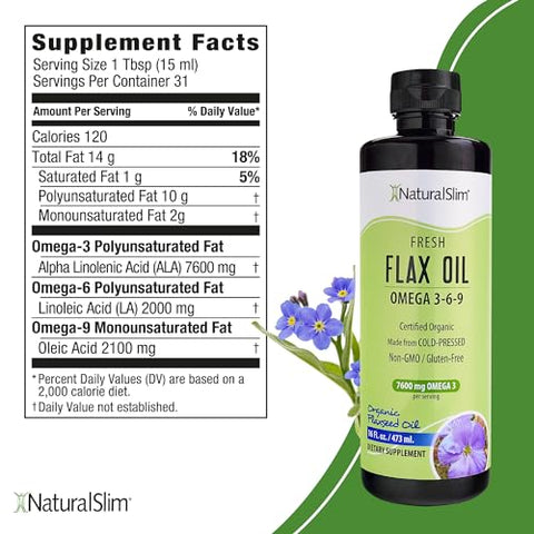 Óleo de Linhaça NaturalSlim – Suplemento Líquido de Óleo de Linhaça com Ômega 3 6 9 – Orgânico Certificado, Extraído a Frio, para Cabelo, Pele, Unhas e Células Saudáveis