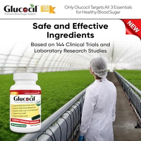 Cápsulas Vegetarianas Premium para Suporte Saudável de Açúcar no Sangue – Com Berberina, Folha de Amora Proprietária e Mais – 3 Essenciais para Açúcar no Sangue – Novo - Glucocil