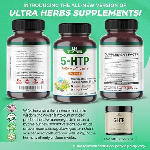 ULTRA HERBS - Suplemento 5-HTP Enriquecido com Ashwagandha, L-Theanine, GABA, Rhodiola | Complexo 10 em 1 de Suporte Ultra para Equilíbrio de Humor, Relaxamento | Marca: [Nome da Marca]