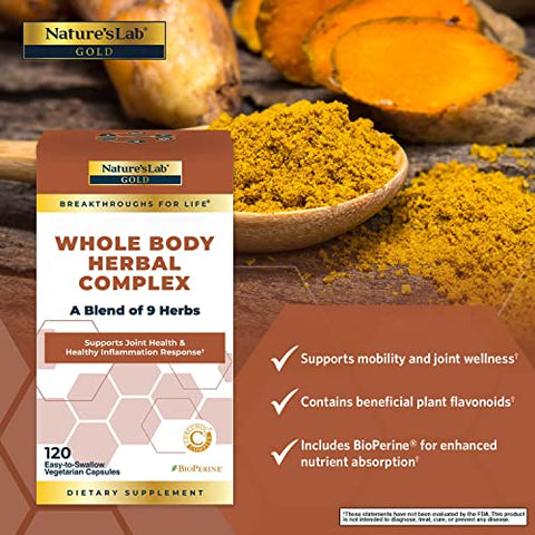 Nature's Lab - Nature’s Lab Gold Complexo Herbal para o Corpo Inteiro – Cúrcuma, Boswellia, Gengibre, Chá Verde, Alecrim – 120 Cápsulas (Fornecimento de 60 Dias)