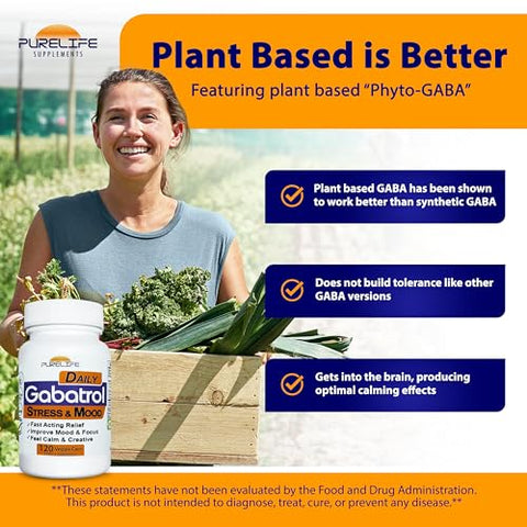 PureLife Supplements - Gabatrol Daily – Suplemento de GABA à base de plantas. Amigo dos vegetarianos e veganos (120 cápsulas vegetais)