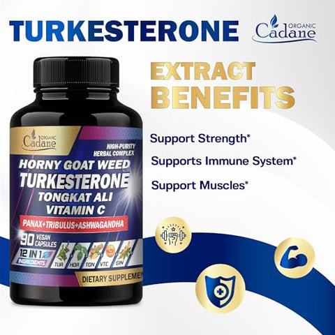 Organic Cadane - Orgânico Cadane Turkesterone 7500mg Vitamina C 30mg Horny Goat Weed 1500mg – Pré-Treino, Energia