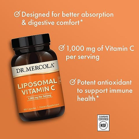 Vitamina C Lipossomal 1.000 mg por Porção, 30 Porções (60 Cápsulas), Suplemento Alimentar, Apoia a Saúde Imunológica, Não Transgênico, Certificado pela NSF - Dr. Mercola