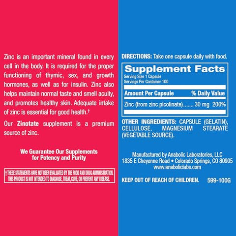 Anabolic Laboratories - Zinotate Zinc 30mg – 100 Cápsulas para Crescimento, Sentidos, Osso e Saúde Imunológica – Suplemento de Zinco para Homens e Mulheres